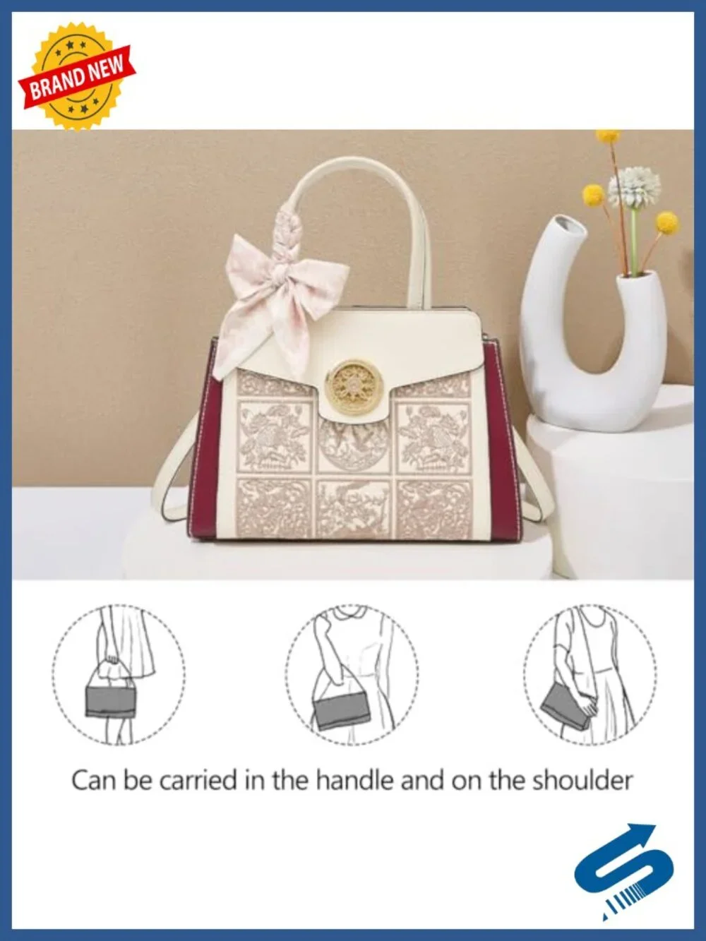 Leather Tote Handbag with Embroidery, Crossbody Purse with Fox Head Pendant